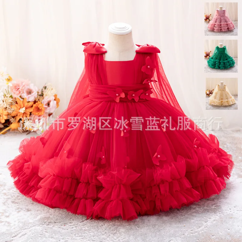Flower Girl Fluffy Skirt Butterfly Nail Bead Dress Girl Performance Beautiful Children's Party Banquet Dress