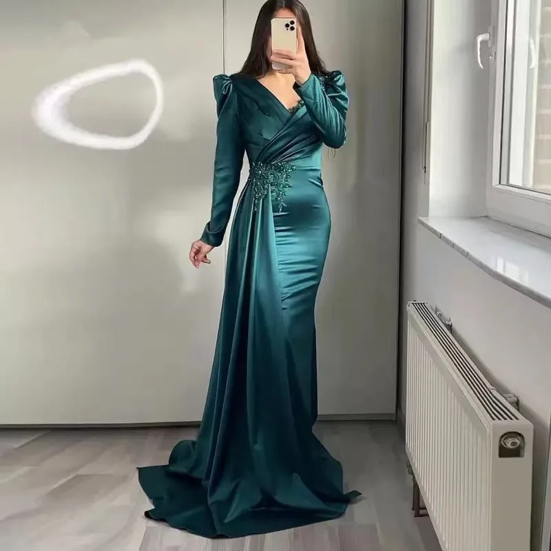 

Vinca Sunny Green Satin Mermaid Evening Dress for Wedding Party Appliques Beaded Long Sleeves Prom Gown Celebrity vestido festa