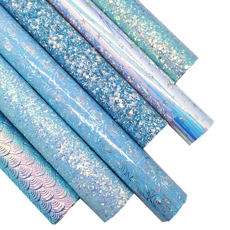 Blue Stars Glitter Leather Matching with Iridescent Stars Fish Scales Roses Faux Leather Fabric for DIY Craft 8.2