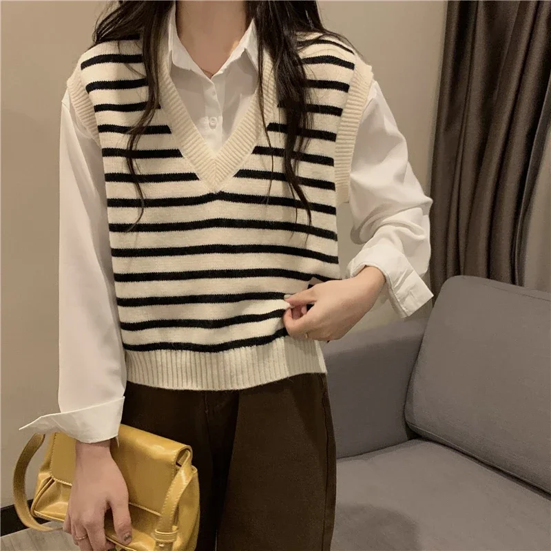 Y2K Preppy Style Simple Women Sweater Vest Winter Fashion Pullover Elastic Knit Ladies Jumper Casual Stripped Female Basic Tops