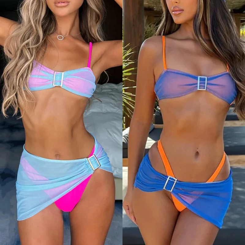 Women's Sexy Contrast Color Mesh Swimsuit, Three-Piece Bikini, Hot Sale, Best-Selling in Stock, New, 24