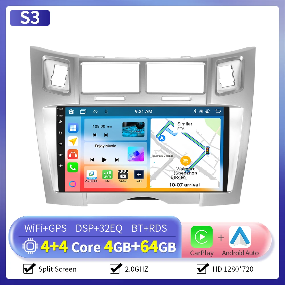 Camecho 6 + 128G Autoradio Draadloze CarPlay Android Auto Voor Toyota Yaris Vizi 2005-2011 Auto intelligente Systeem GPS Stereo 4G WiFi - afbeelding 1
