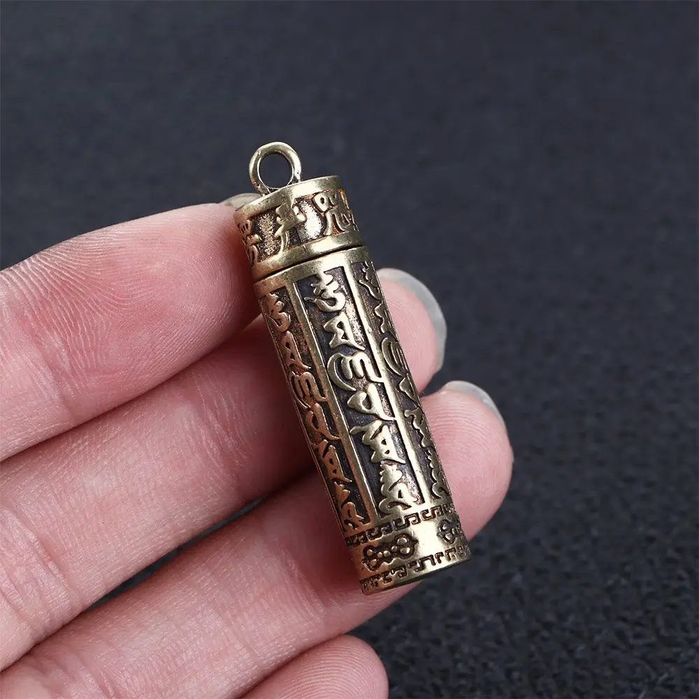 Vintage Men Keychain Memorial Keepsake Openable Brass Buddhist Pendant Medicine Pill Box Travel Pill Case Necklace Pendant