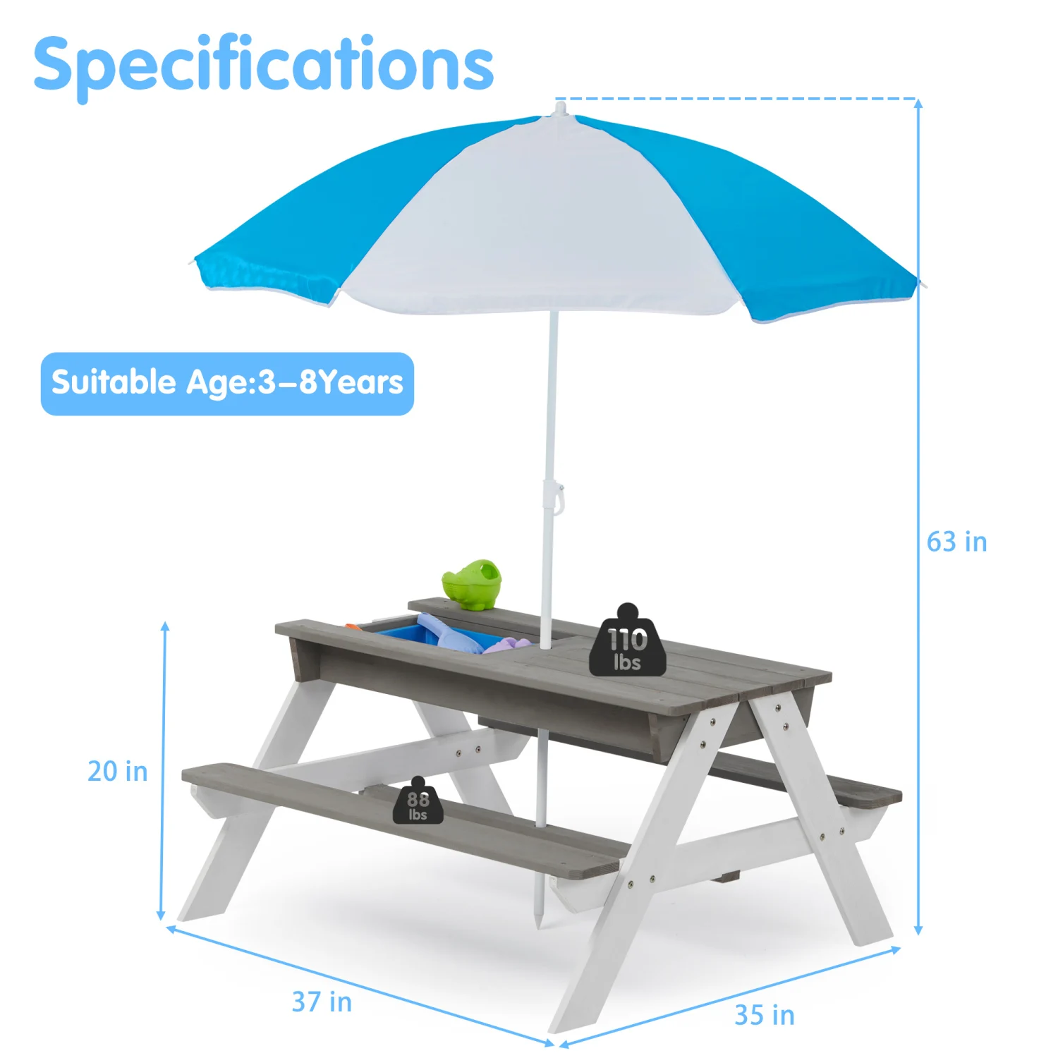 Outdoor Kids Picnic Table with Umbrella - Convertible Sand & Water Play - ASTM & CPSIA Certified, Gray