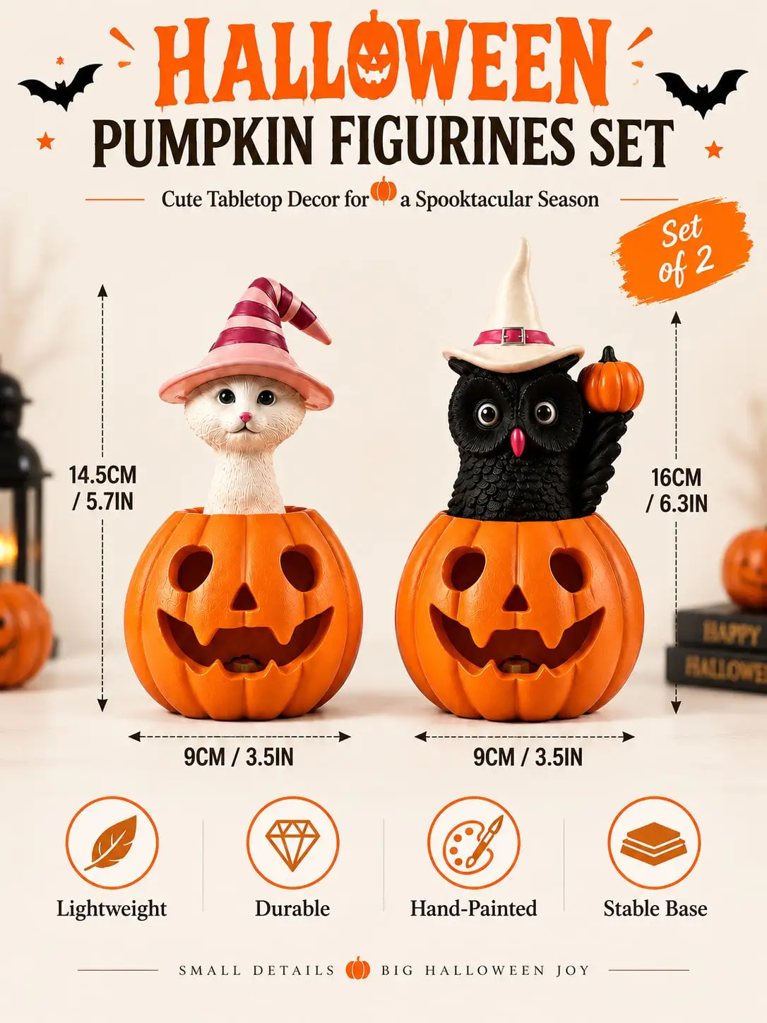2PCS Halloween Pumpkin Decor Set, White Cat & Black Owl Witch Figurines, Cute Jack O Lantern Tabletop Decorations For Shelf, Mantel, Tiered Tray, Entryway, Halloween Party, Fall Harvest Home Decor