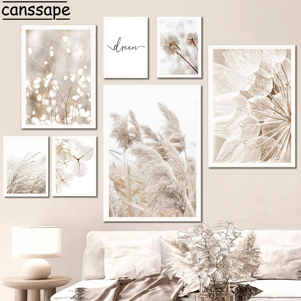 Beige Landscape Wall Pictures Hay Reed Pampas Wall Art Dandelion White Flower Canvas Paintings Nordic Posters Living Room Decor