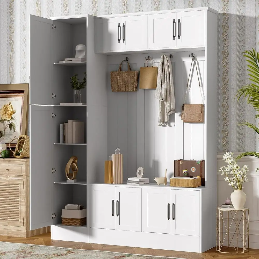 

Hall Tree with Bench, 6 Cabinets, 4 Hooks, and Adjustable Shelf - 79 White Mudroom Storage