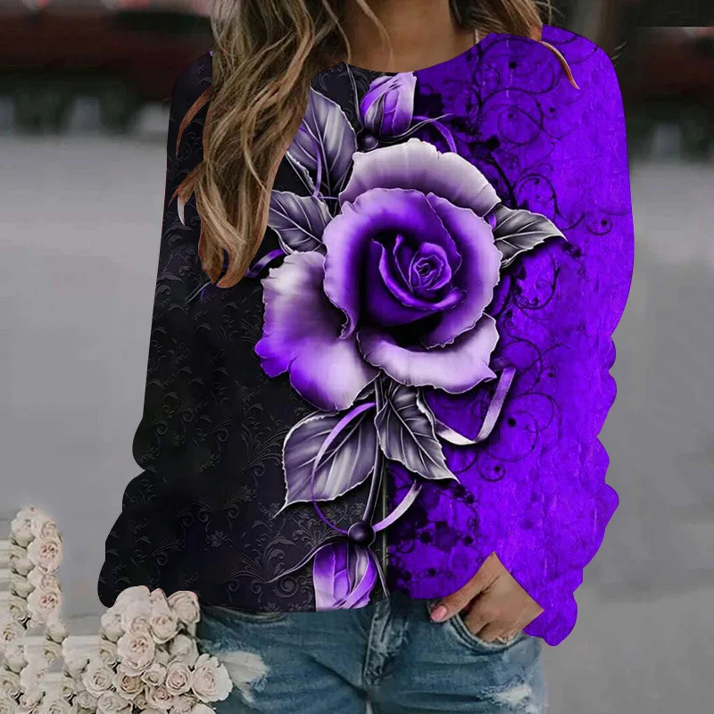 Rose Flower Sweatshirts Floral 3D Print Hoodies Women Long Sleeve Y2k Hoodie Streetwear Oversized Pullovers Top Female Clothing