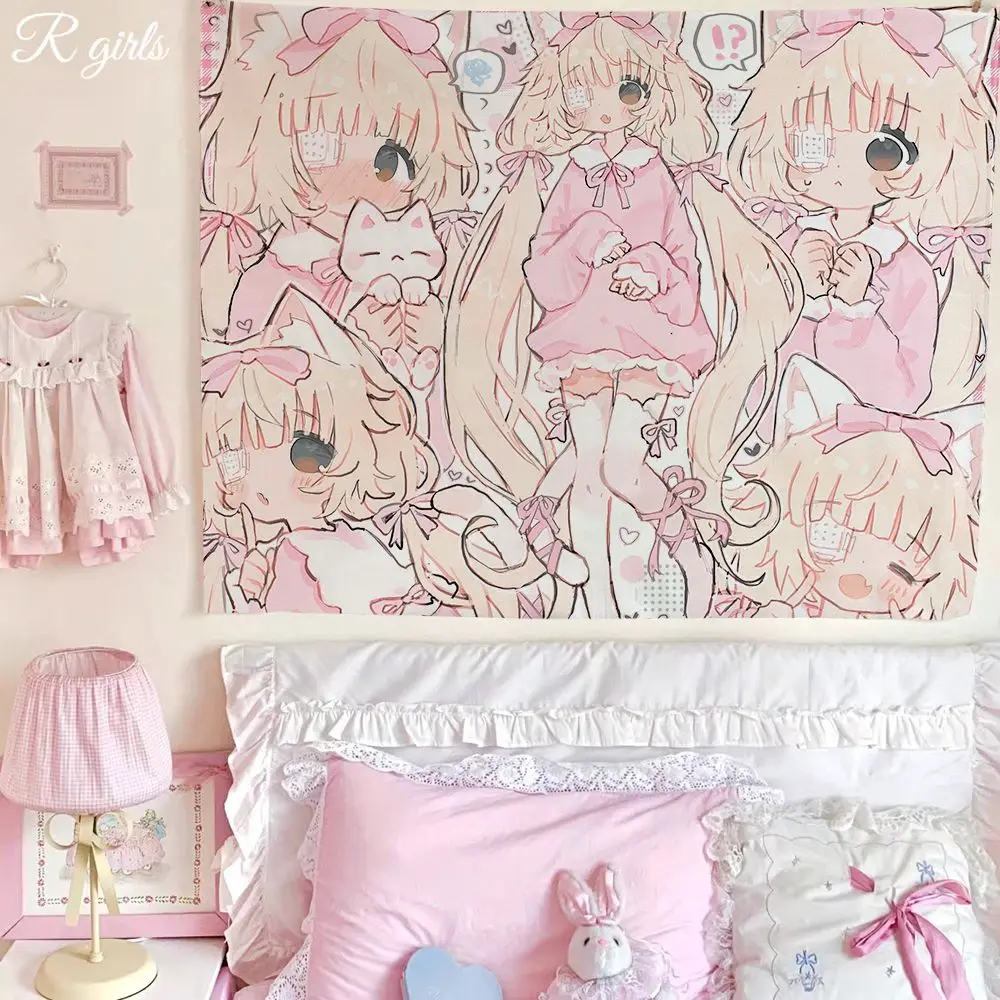 VIKAMA Pink Cat Ear Girls Wall Tapestry Harajuku Kawaii Wall Hanging Sweet Anime Illustration Dorm Bedroom Background Decor