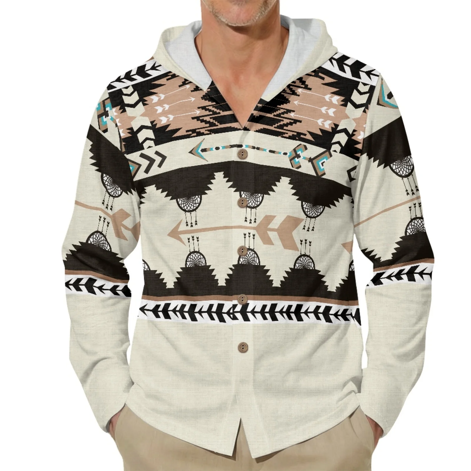 PENSTROLL Southwestern Linen Style Hoodie Tops Beach Cover Up for Male Button Front Hawaiian Fashion Tops