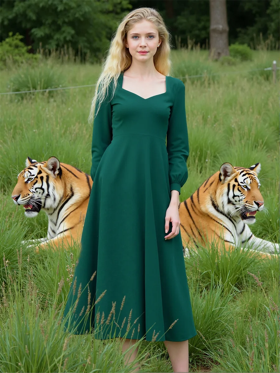 فستان نسائي خريف 2025 كم فانوس منتصف العجل بلون سادة رقبة على شكل حرف v منخفض القطع رقبة منخفضة خط عنق على شكل قلب مثير ساخن #2