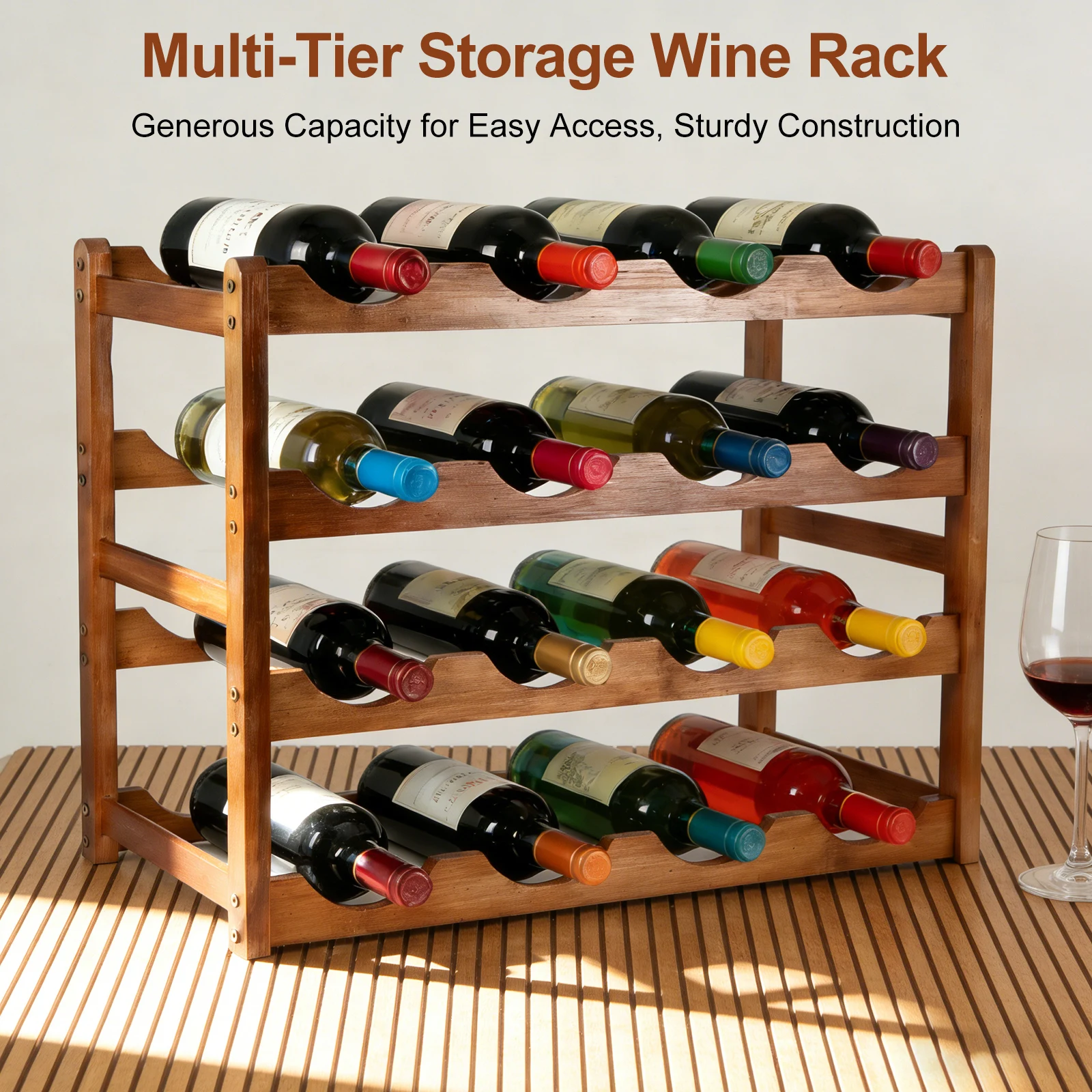 Estante de Vino de 4 Niveles, Estilo Retro, Independiente, para 16 Botellas, de Madera, para Decoración del Hogar, Gabinete o Encimera