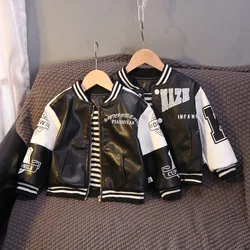 Baby Boys Letter Print Baseball Coat Stripes Collar 2023 Spring Faux Leather Moto Jackets for Children Racing Biker Coat FY11073