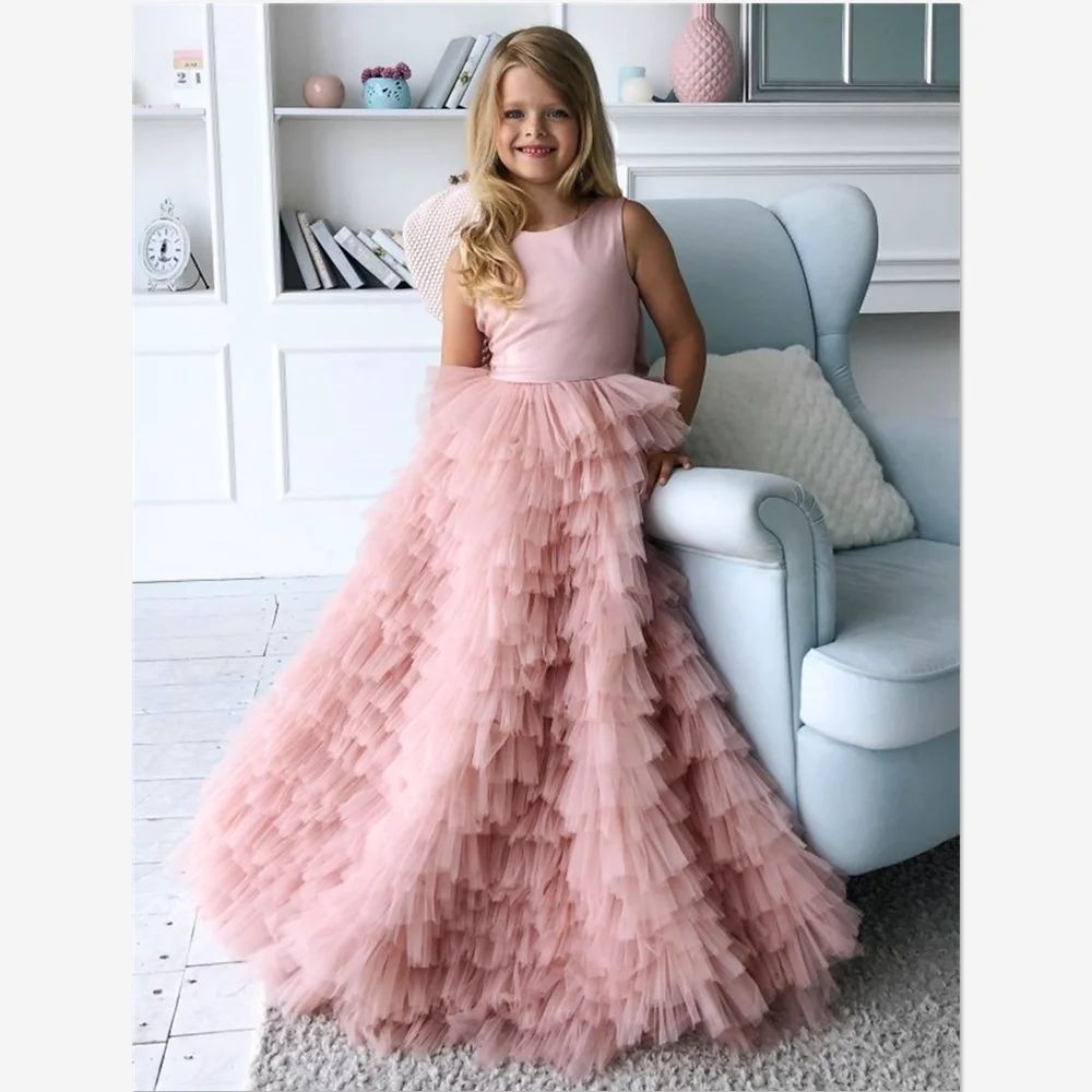 

Princess Train Flower Girl Dress Quinceanera Girls Cute Prom Dress Satin with Bo Open Back Tiered Fit All Size