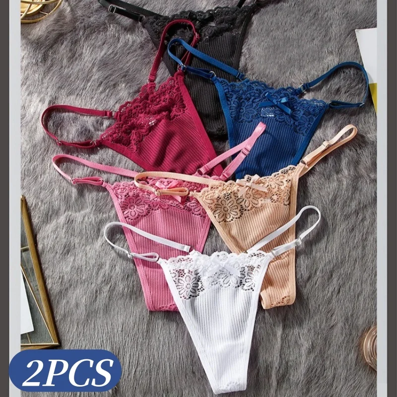 2Pcs/Set Women's Lace Trim Ribbed G-String Floral Lace Trim Thong Low Rise Panties Adjustable Side Straps  Lingerie Intimates