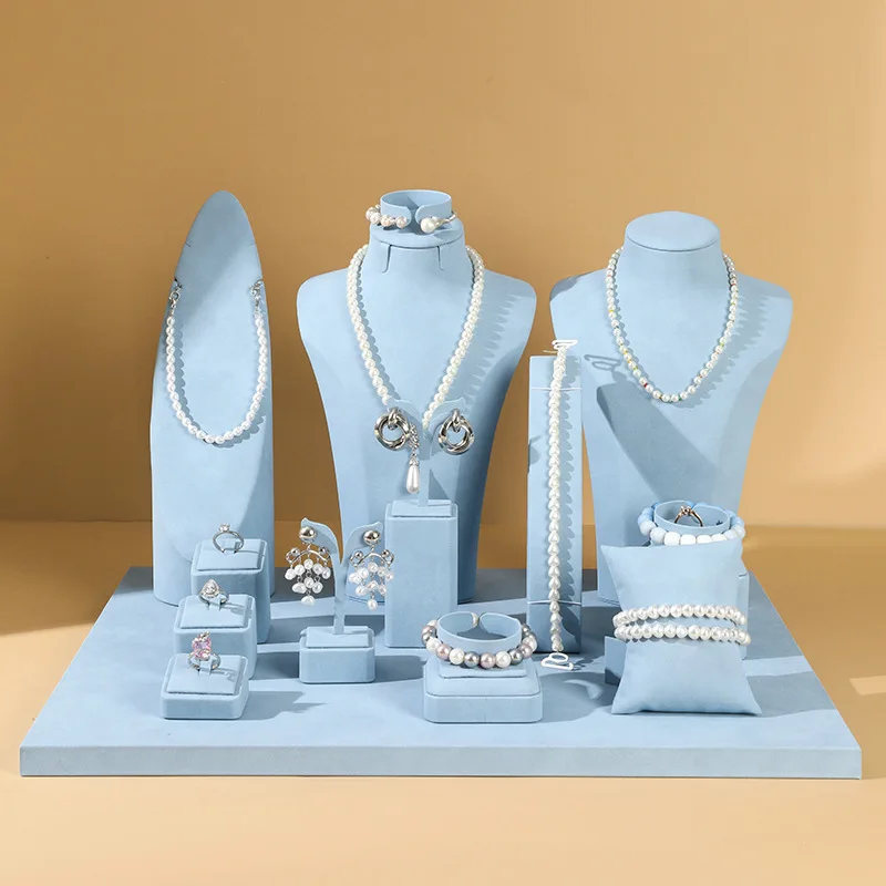 Light Blue Microfiber Suede Jewelry Display Stand Set Bust Necklace Mannequin Ring Earring Bracelet Watch Display Tray