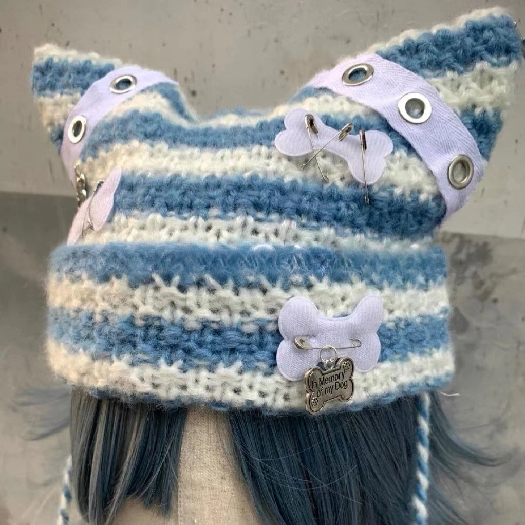 Y2k ثقافة فرعية فتاة قبعة Harajuku أرنب الأذن قبعات القوطية الشرير Kawaii الخريف 2025 الدافئة شريط نمط قبعة الدفء قبعة 2025