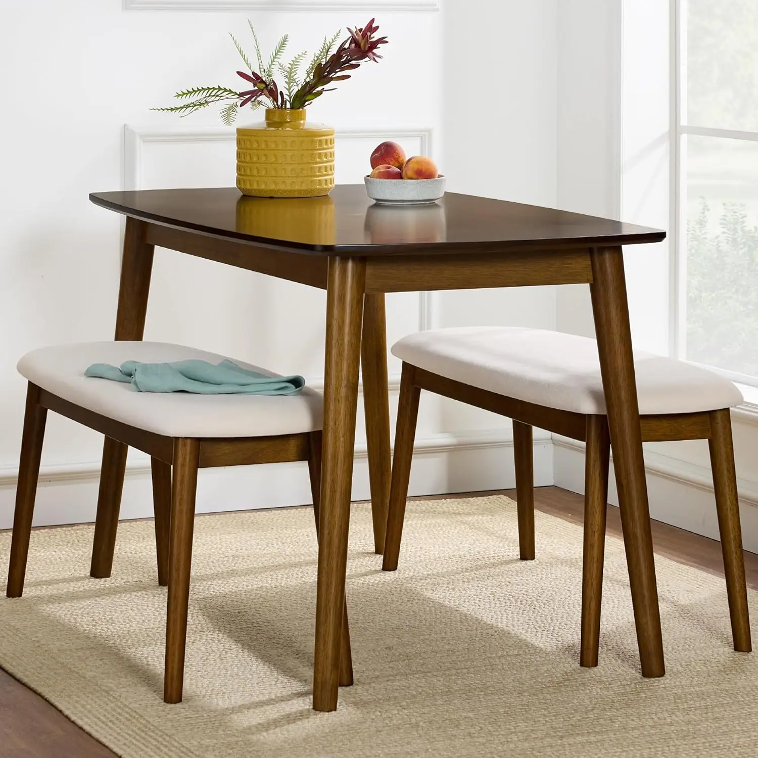 Choice Products 3-Piece Mid-Century Modern Wood Dining Kitchen Table & Chair Set w/ 2 Upholstered Bench Seats - Walnut/Cream