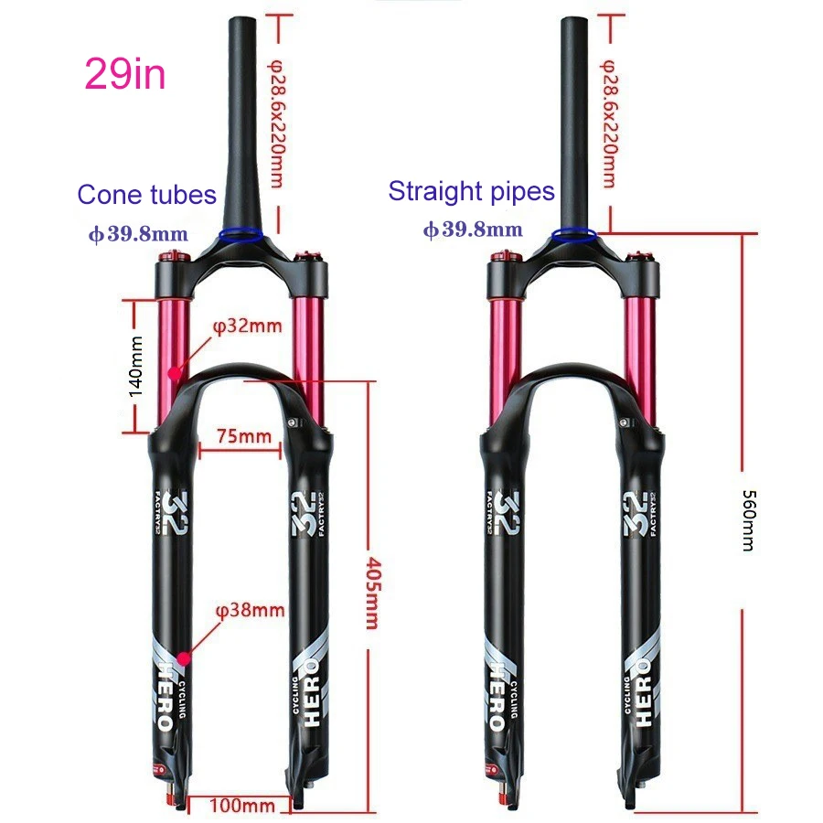 Fourche à suspension à tube conique droit pour VTT, alliage de magnésium, réglage de l'amortissement, course de 140mm, 26 