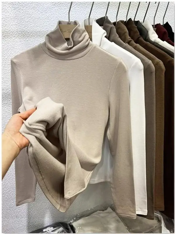 

Korean Style Vintage High Collar Long Sleeve Fleece Lined T-Shirt Women's Autumn Winter Fashionable Base Layer Shirt Top