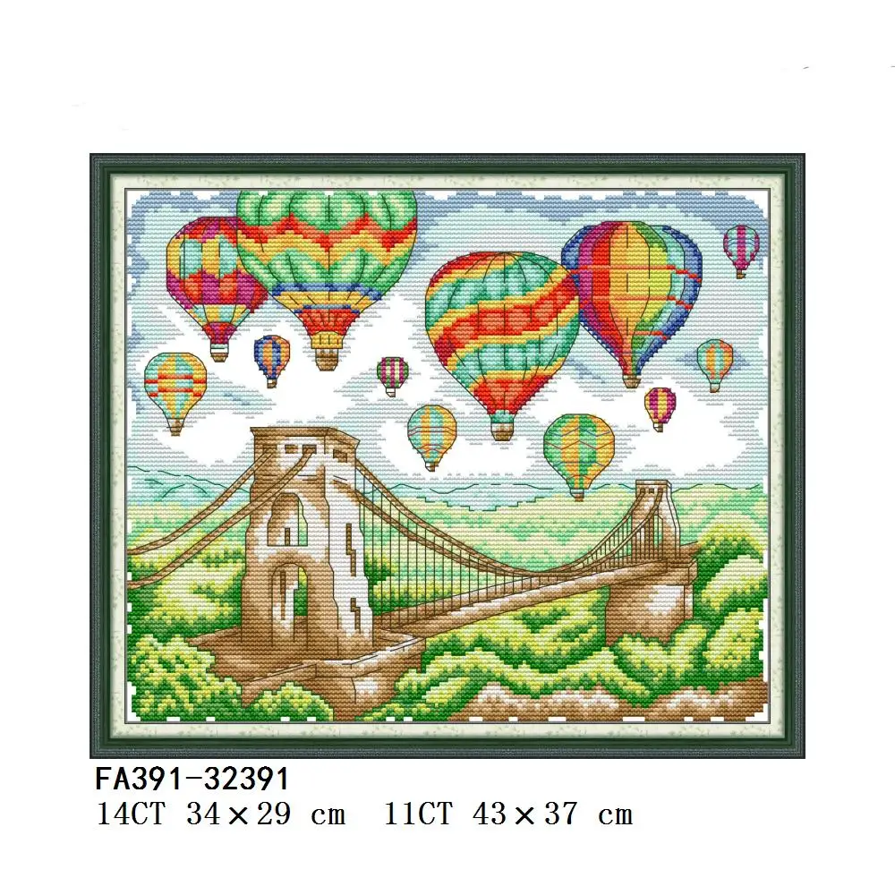 Joy Sunday Colorful Hot Air Balloons On The Bridge Autumn In The Valley Farms Cross Stitch Kit, F139, FA391, FA547, FA550