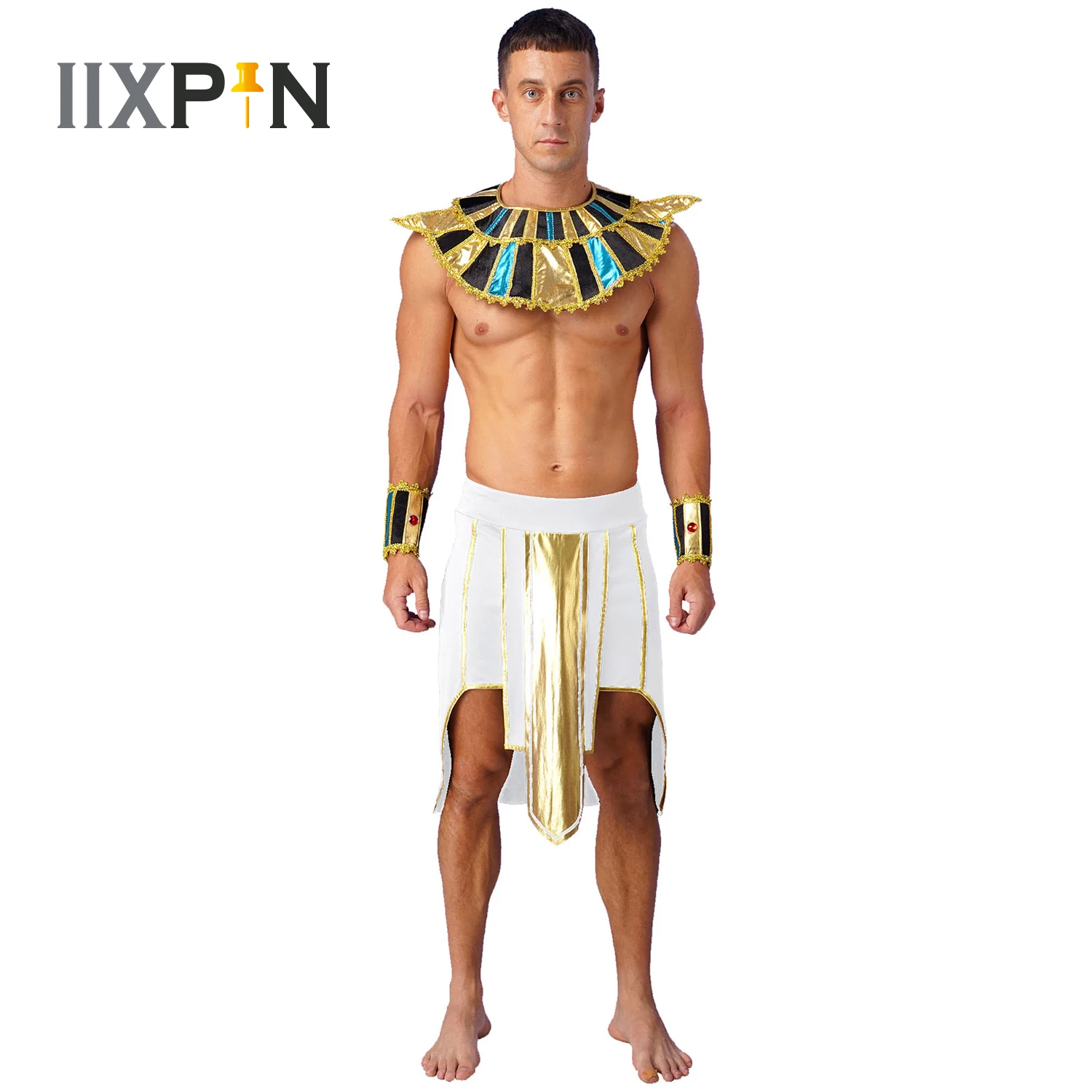 Halloween Egyptian Pharaoh Costumes for Men Carnival Party Prince King Cosplay Skirt with Cuffs Self-tie Collar Wrist Bands