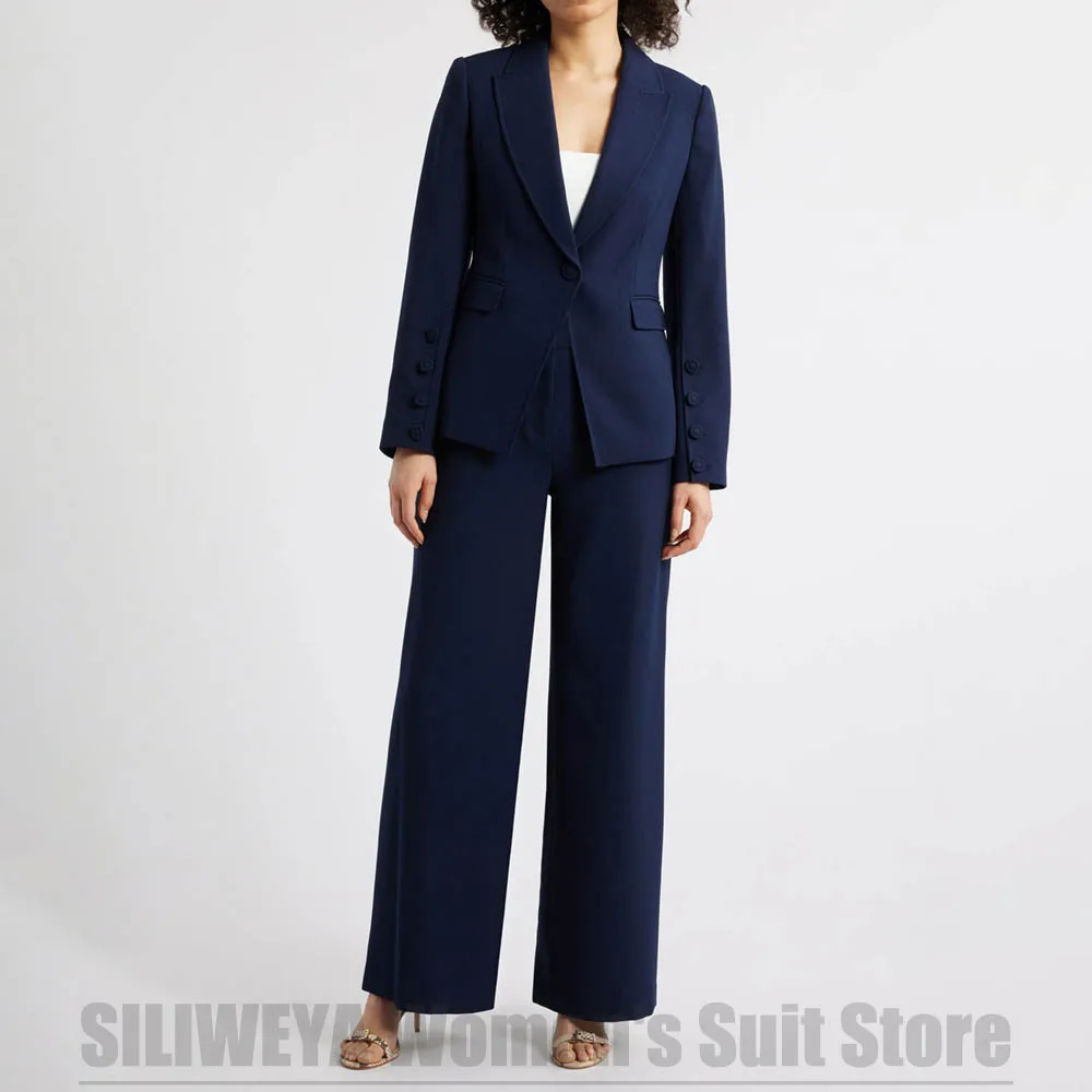 

Темно-синий женский костюм, пиджак и широкие брюки для деловых встреч, повседневная одежда для вечеринок, элегантный деловой офисный наряд из двух предметов