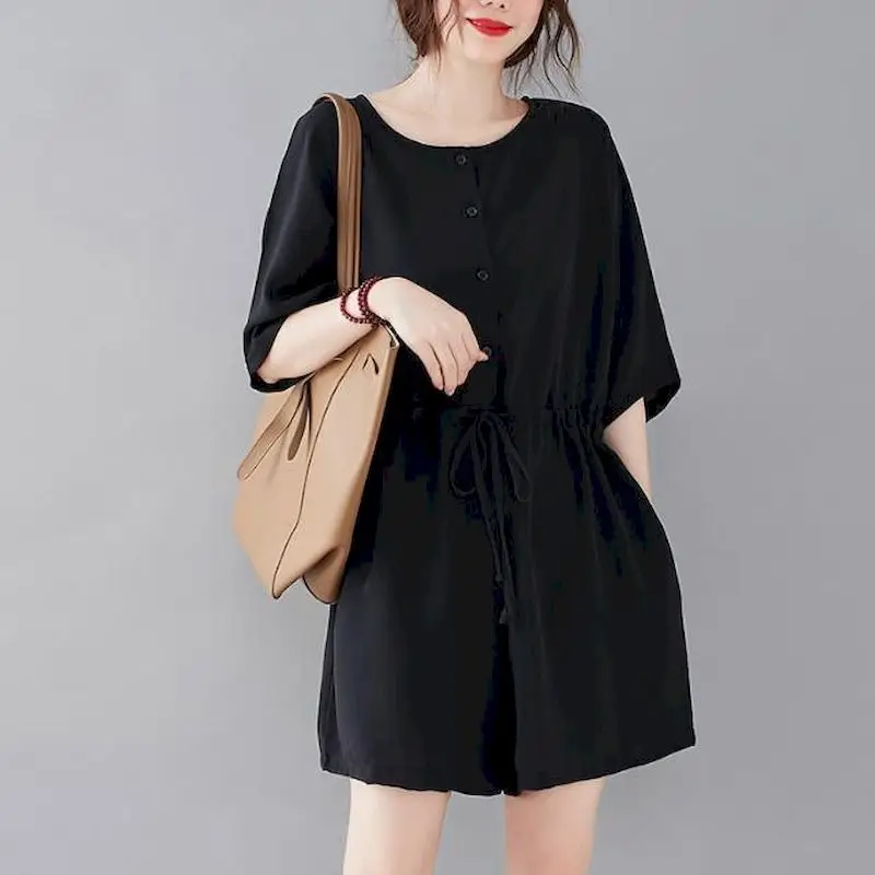 2024 Summer Black Jumpsuit Women Fashion Trend Oversized Chiffon Shirt Short Sleeve Wide-leg Jumpsuit Womens Jumpsuits Rompers