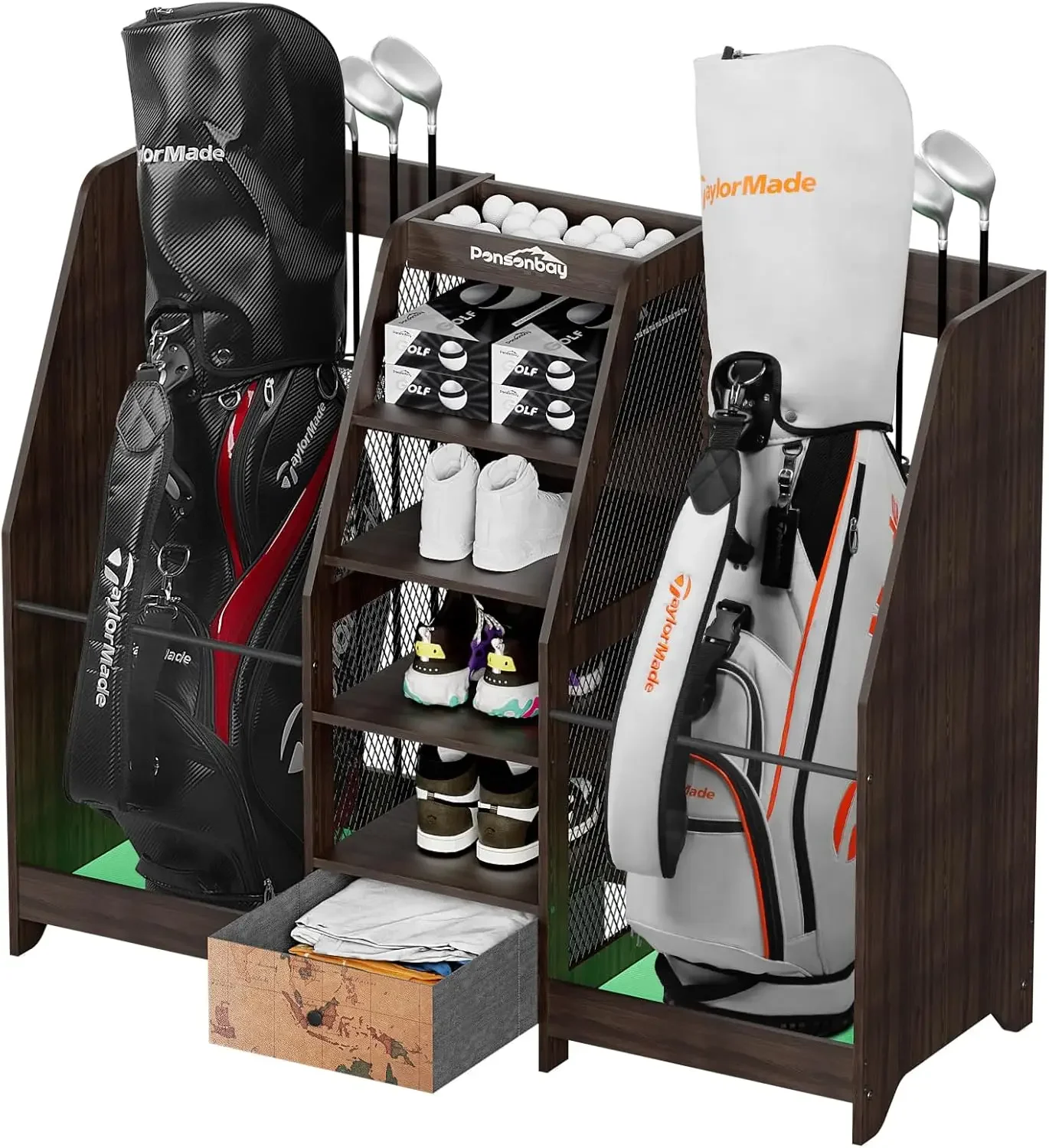 Organizer for Garage, Premium Wooden 2 Golf Bags Rack with Drawer, Easy Assemble Golf Club Stand/Holder Suitabl