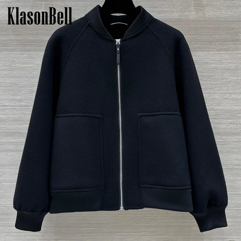 

8,26 KlasonBell женское универсальное модное двустороннее кашемировое короткое пальто Ребристое сращенное с рукавом реглан Свободная куртка на молнии