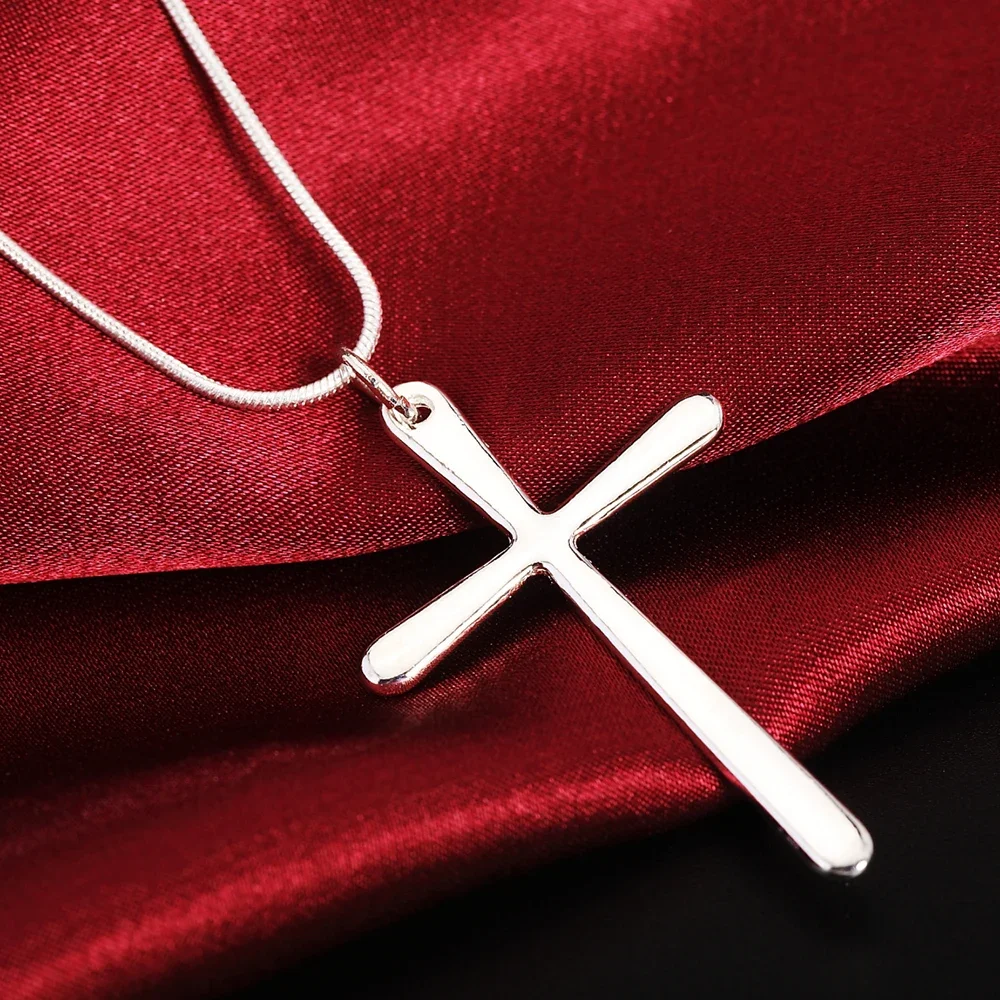 LIhong 925 Sterling Silver Long Cross Pendant Necklace Women Men Fashion Wedding Engagement Jewelry Gift