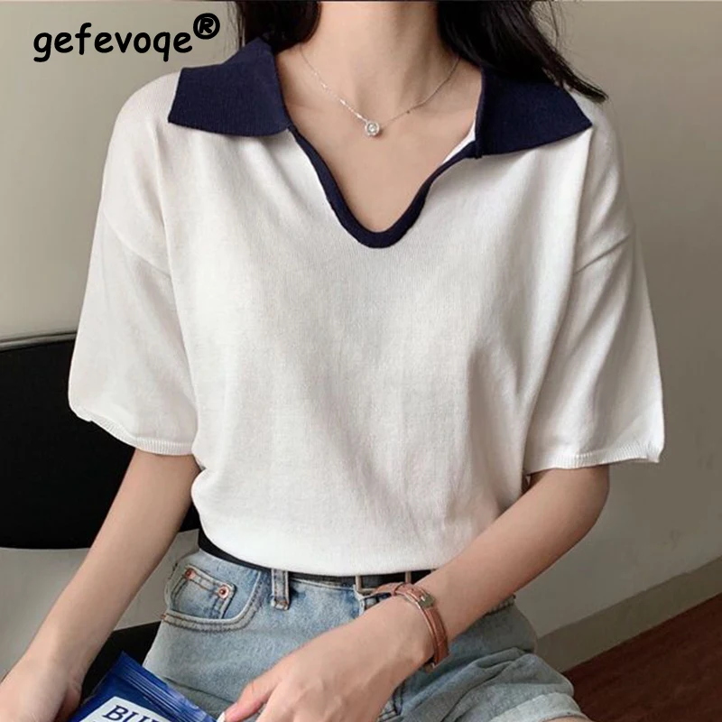 

Summer Fashion Preppy Style Polo- Neck Patchwork V-neck Knittde T-shirt Femael Short Sleev Slim Simple All-match Tee Women Top