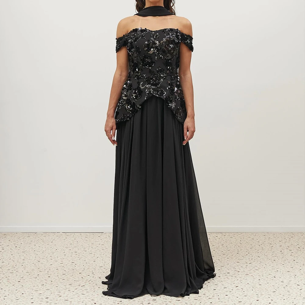 

Customized A-line Evening Dresses Floor-length Off The Shoulder Sleeveless Prom Gown Fsahion Sequined Stole Draped Party Gown