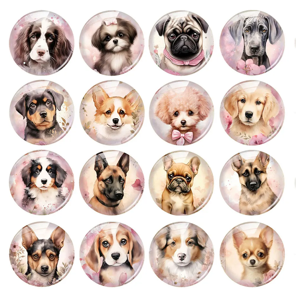 

Handmade Pink Cute Dog Puppy Pet Animals Round Photo Glass Cabochon Flatback Demo Flat Back Cameo For Diy Jewelry Making