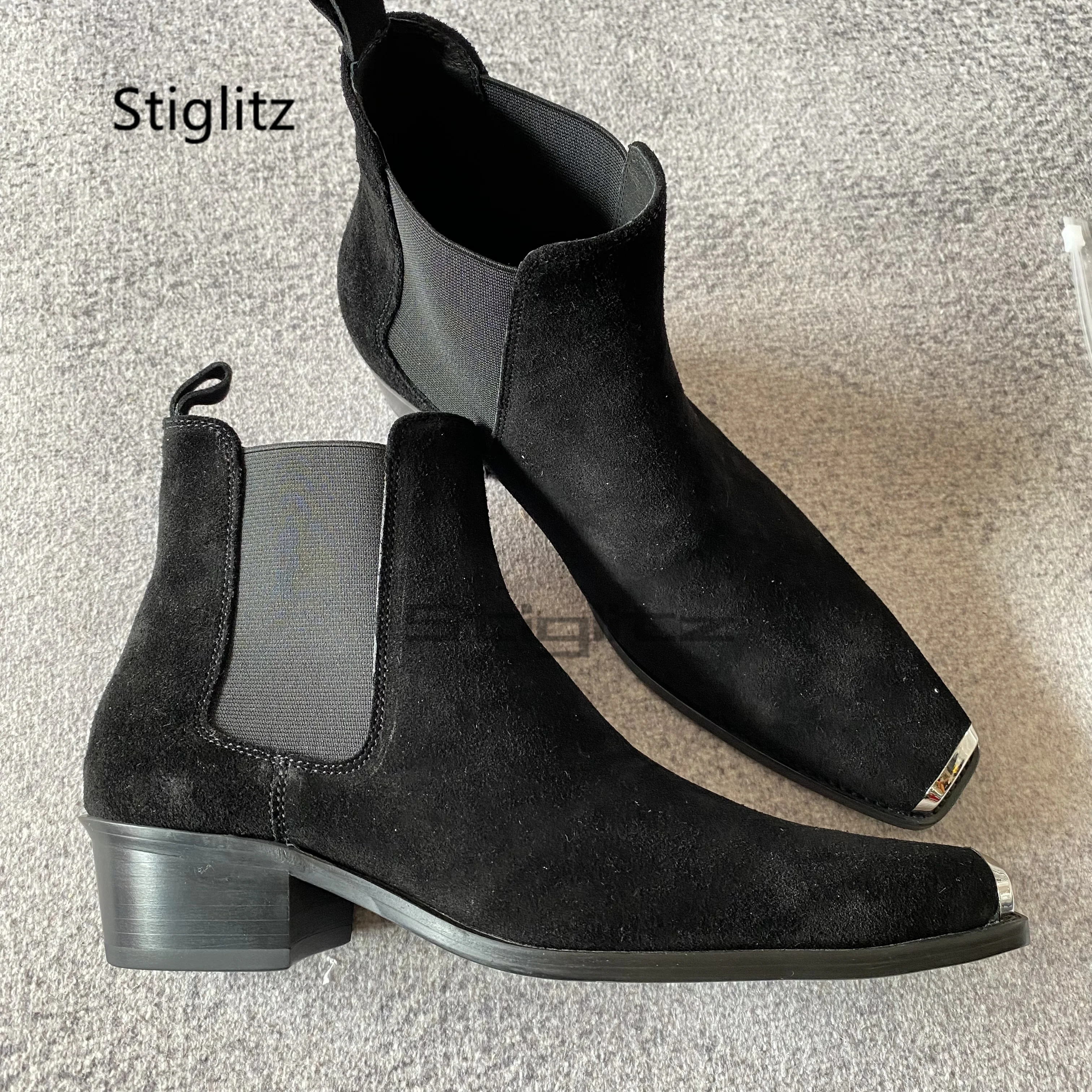 

Мужские ботинки челси с металлическим квадратным носком, черные замшевые ботильоны без шнуровки в британском стиле, модная эластичная вечерняя деловая обувь