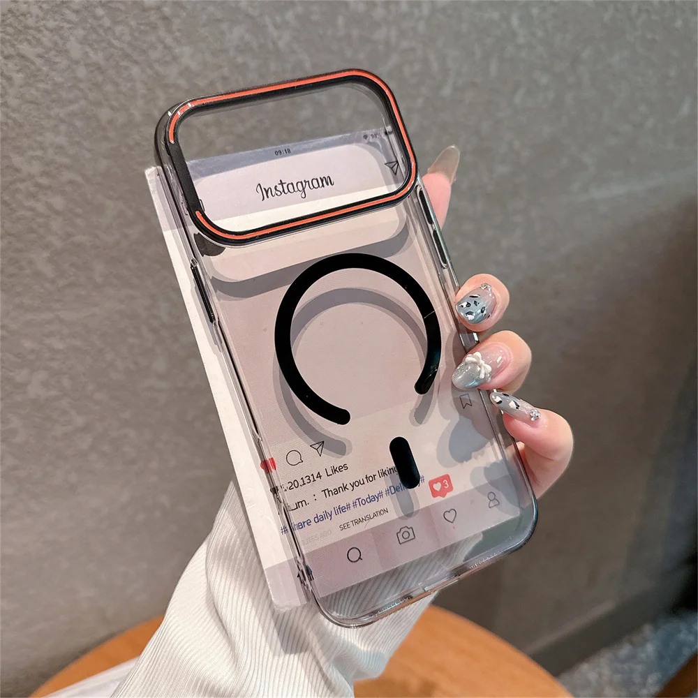 

Прозрачный магнитный чехол для телефона Magsafe Apple IPhone 17 Air 16 15 14 Pro Max, задняя крышка с металлической подставкой для камеры, тонкая