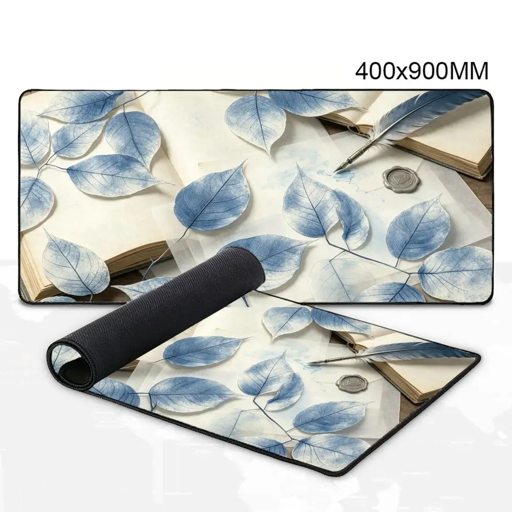 Retro Antique Blue Leaf Manuscript Feather Pen Art Large Mousepad NonSlip Rubber Base Keyboard Desk Mat for Home Office  Gaming