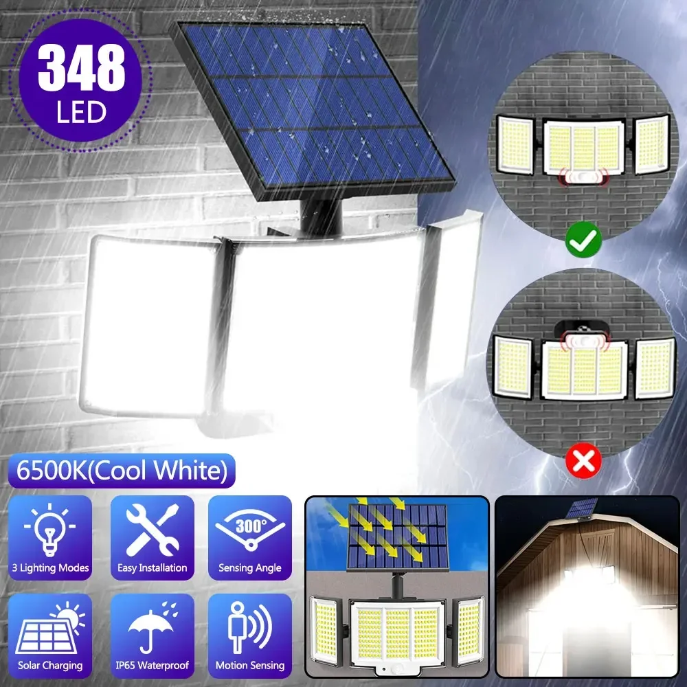 Imagem -02 - Luz Solar Super Brilhante com Sensor de Movimento Luz de Inundação ao ar Livre Poder Forte Ip65 Impermeável Modos de Trabalho Parede do Jardim 348 Led