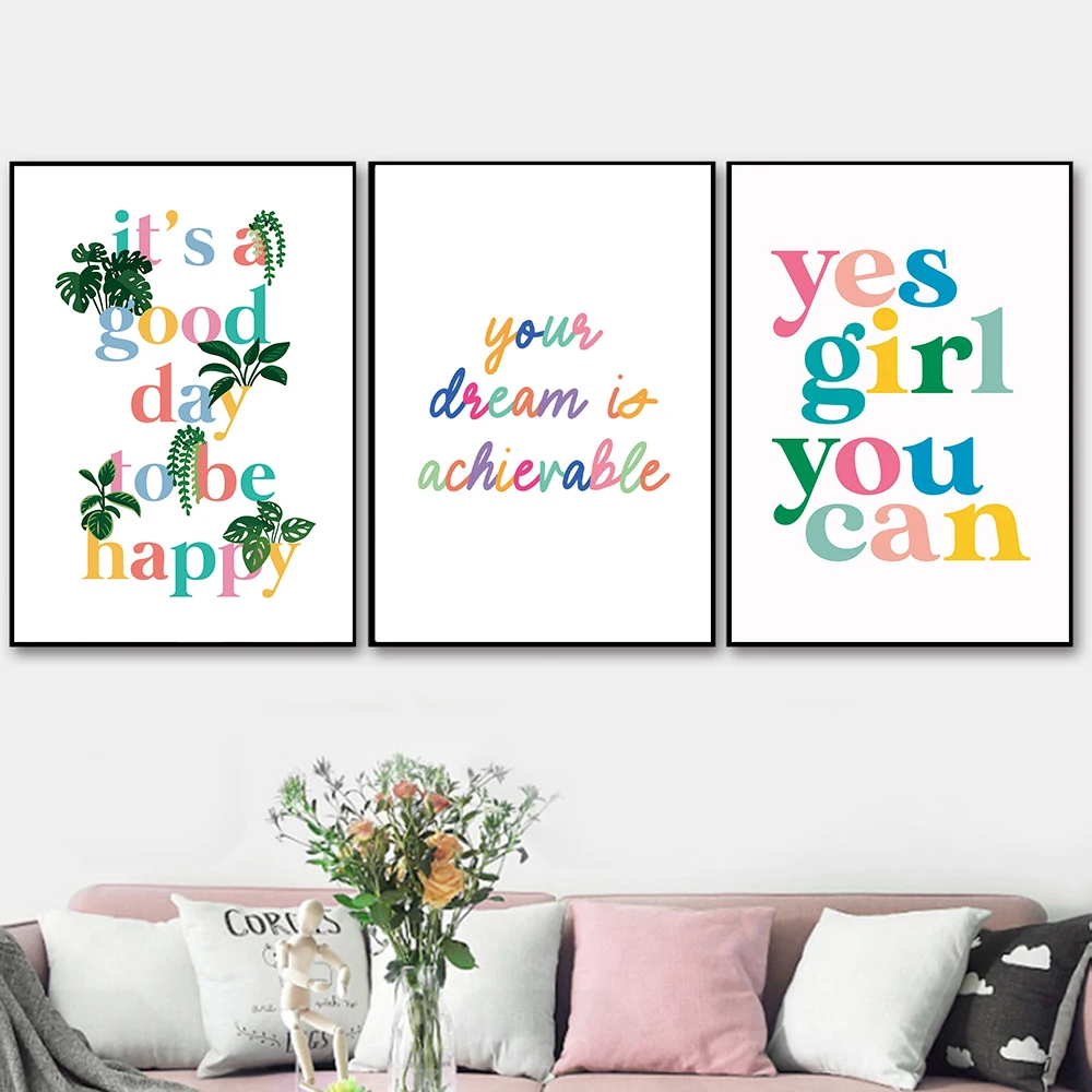 

Yes Girl You Can Text Gallery Wall Pictures Positive Feminist Motivation Rainbow Girlie Fun Poster and Print Kids Room Decor