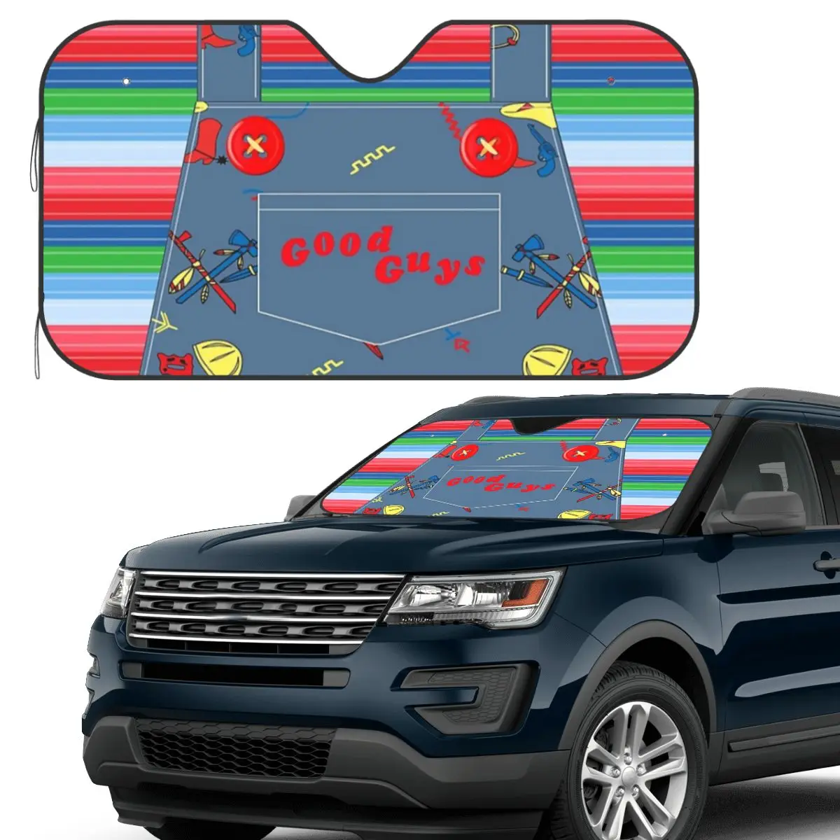 

Good Guys Child's Play Chucky Killer Doll Overalls Sunshade Windscreen Car Front Windshield Window Sun Visor Accessories Covers