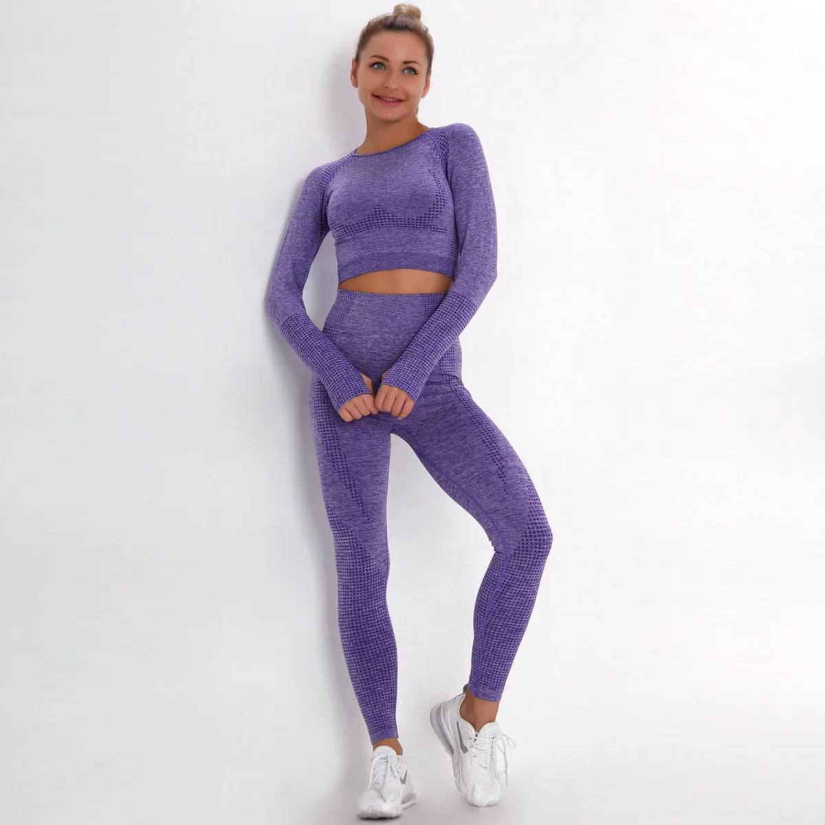 Set da palestra senza cuciture da donna Top a manica lunga vita alta controllo della pancia Leggings sportivi abbigliamento da palestra tuta sportiva senza cuciture bottino Sexy ragazze