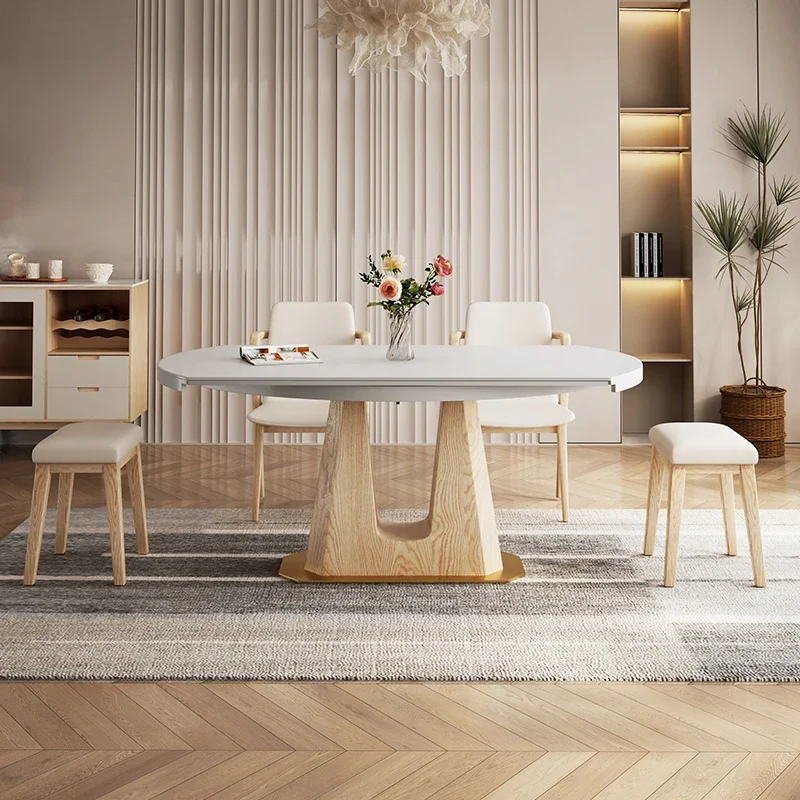 

Modern Simple Cream Style Retractable round Dining Table And Chair Combination for Small Apartments Log Pattern Rock Design