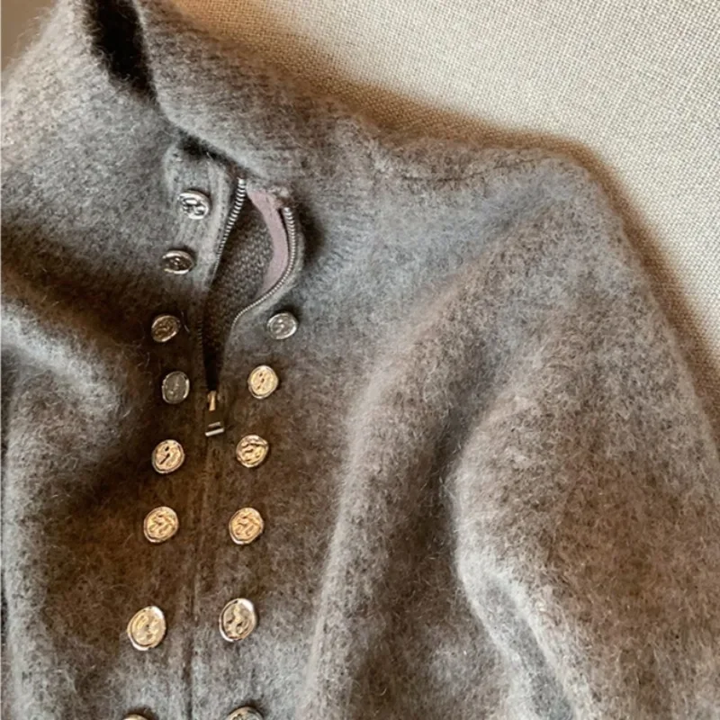 Double Breasted Cardigan Women Autumn Solid Simple All-match Zippers Design Baggy Cozy Cropped Sweater Streetwear Ulzzang Chic