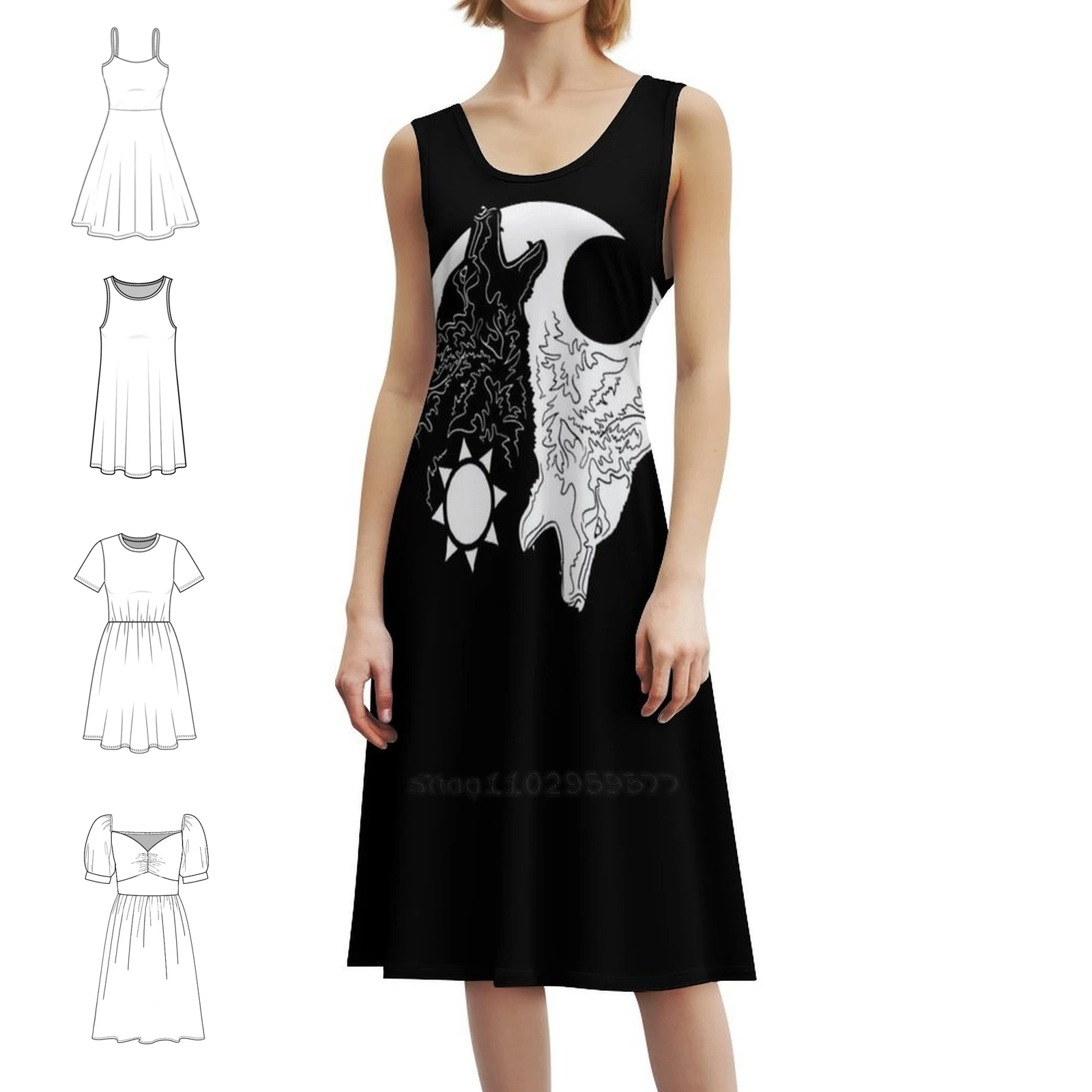 الذئاب السلبية فستان عطلة مثير للنساء شاطئ حفلة عيد ميلاد فستان قصير يينغ يانغ التوازن الذئاب الذئب الفن الذئب المرأة