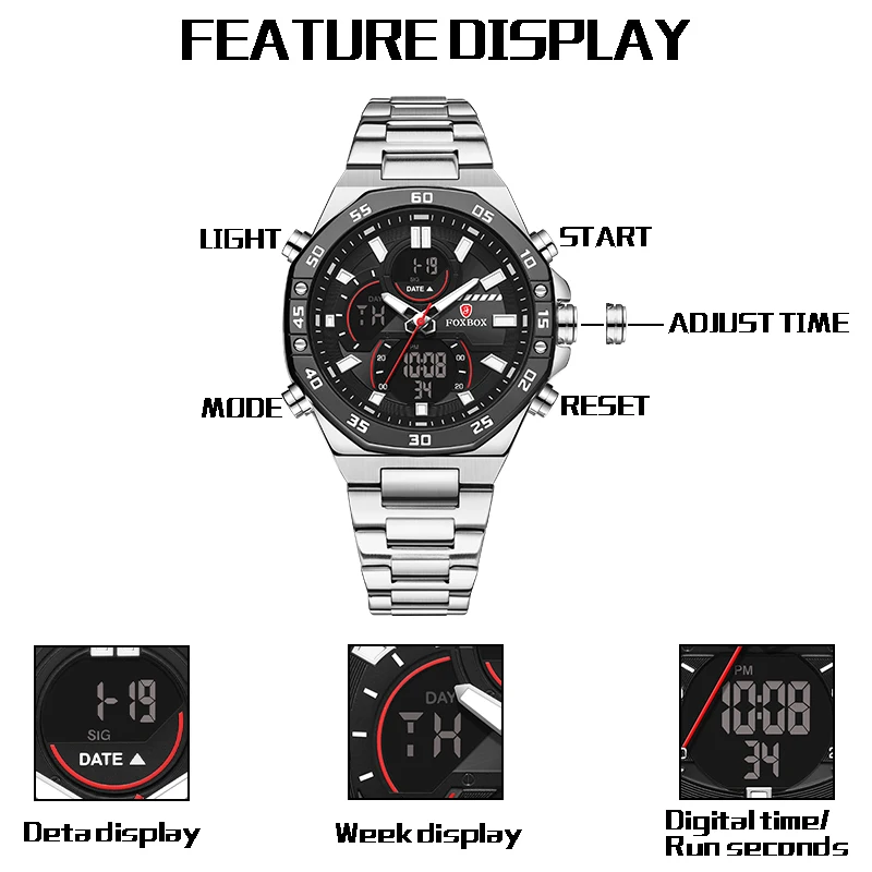 FOXBOX 2024 New Luxury Brand Watch Men Fashion Sport Quartz Watches Men Stainless Steel Waterproof Luminous Wrist Watches Clock