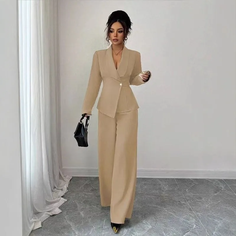 Women Asymmetrical Blazer & Wide Leg Pants 2 Piece Set Single Button Belted Waist Elegant Formal Office Outfit Spring Autumn Set