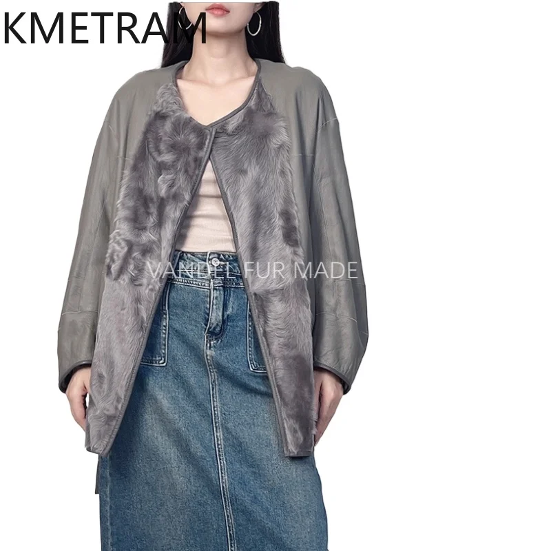 Natural Wool Sheepskin Double Faced Fur Jacket Woman 2025 Luxury Grey Reversible Real Fur Coat Winter Clothes шуба женская