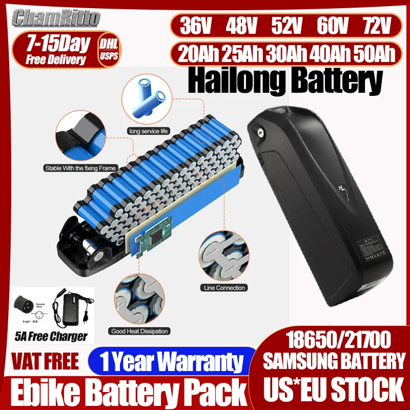 36 В 48 В 52 В E велосипед cham rider Аккумулятор 20ah 30ah 40ah 50ah Электрический велосипед Аккумулятор Hailong 60v 72v Bafang 750w 1500w 2000w