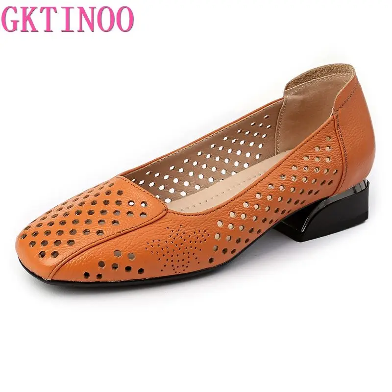 GKTINOO Genuine Leather Sandals Women Low Heels Shoes 2024 Spring Summer Square Toe Soft Sole Women\'s Fashion Shoes Big Size