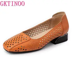 GKTINOO Genuine Leather Sandals Women Low Heels Shoes 2024 Spring Summer Square Toe Soft Sole Women's Fashion Shoes Big Size